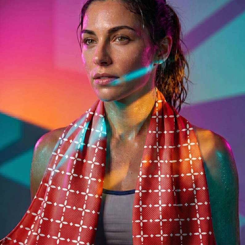 Pu&ograve; includere: Un asciugamano sportivo rosso con un motivo geometrico bianco, drappeggiato intorno al collo. La persona indossa un reggiseno sportivo grigio. Lo sfondo presenta un gradiente di rosa, arancione e blu. Ideale per l'esercizio.