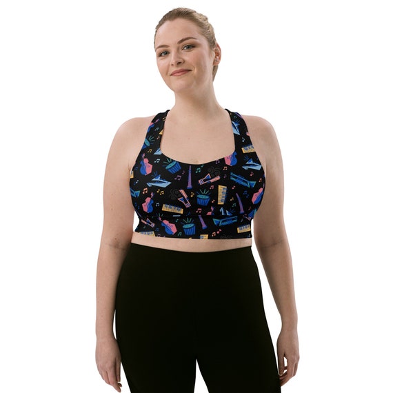 Soul Inspired Music Icons Pattern Racerback Medium-High Support Longline Costume Sports Bra (Black Background)