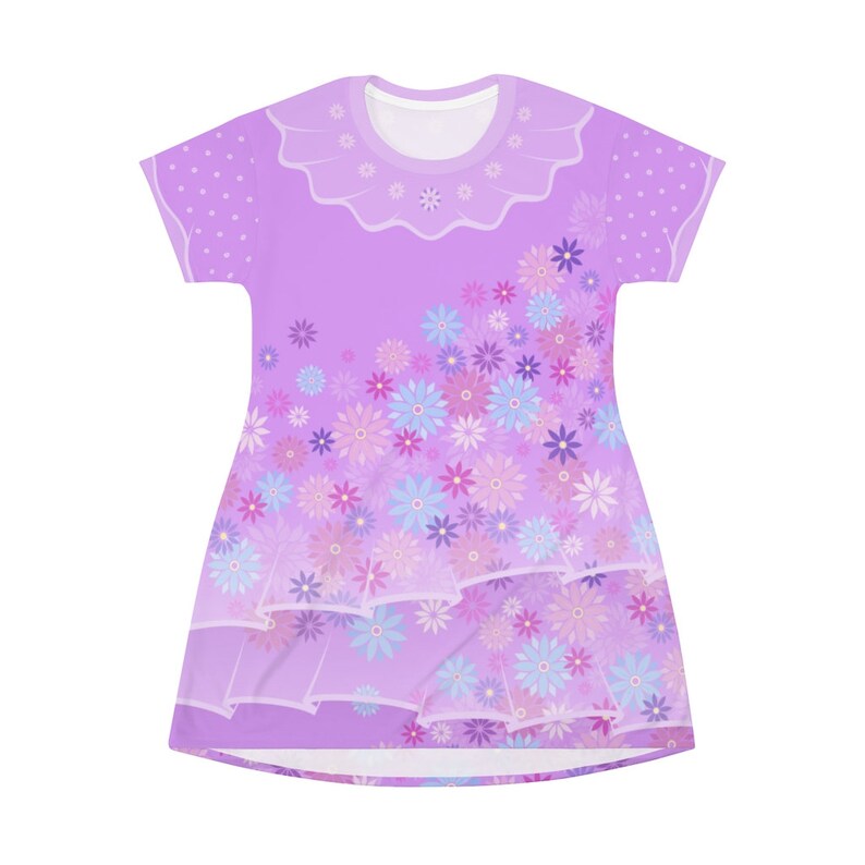 May include: A short-sleeve dress in a light purple hue featuring a round neckline with a ruffled collar detail. The garment is decorated with a scattered floral pattern in shades of blue, pink, and purple, with a polka dot print on the sleeves.