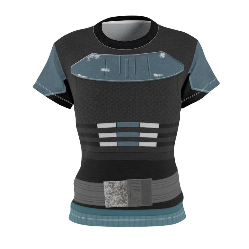 May include: A short-sleeved black t-shirt featuring a printed design that mimics armor. The chest displays a weathered blue plate, while the midsection includes horizontal gray and blue stripes. A gray belt graphic sits at the waistline.