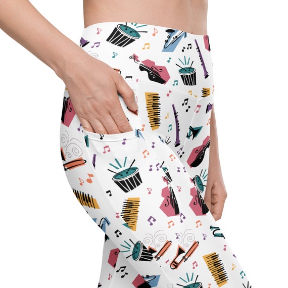 Soul Inspired Music Icons Pattern All-Over Print Pocket Costume Leggings (White Background)