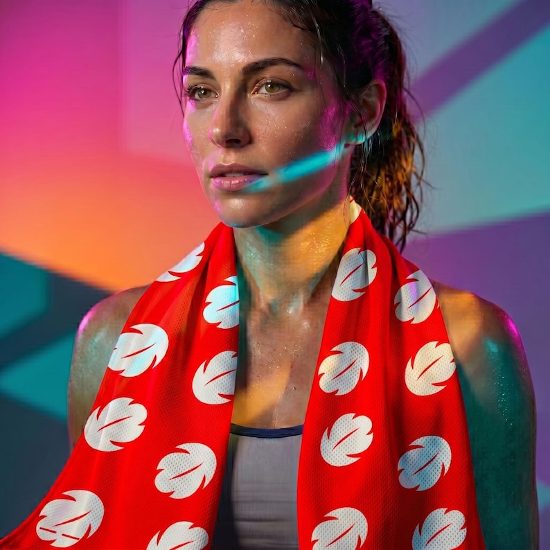 Op de afbeelding: Een rode sportdoek met een wit bladerpatroon om de nek van een persoon. De persoon draagt een grijze sportbeha en zweet. De achtergrond heeft een verloop van roze, oranje en blauw.