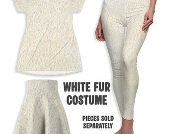 White Fur Costume | Printed Fur Texture Dress, Skirt, Leggings | White Rabbit, Wampa, Yeti, Abominable Snowman, Polar Bear, Arctic Fox