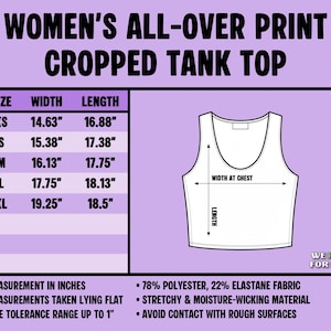 May include: A size chart for an all-over print cropped tank top with a line drawing showing width and length measurements in inches. The chart lists sizes XS through XL with corresponding dimensions. Text includes fabric composition and care instructions.