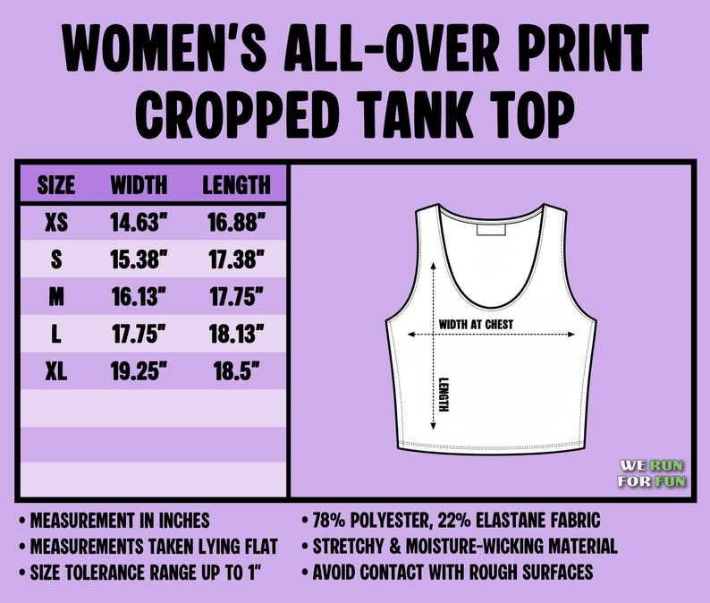 May include: A size chart for an all-over print cropped tank top with a line drawing showing width and length measurements in inches. The chart lists sizes XS through XL with corresponding dimensions. Text includes fabric composition and care instructions.