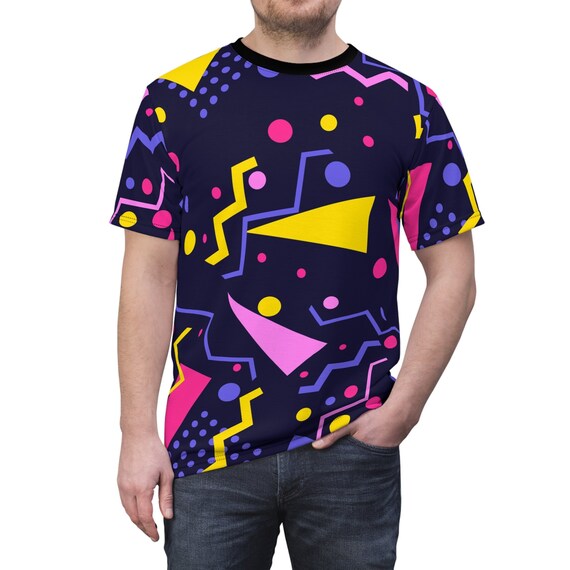 Retro 1990s Geometric Pattern on Dark All-Over Print Unisex Lightweight Costume T-Shirt