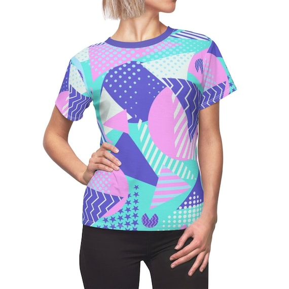 Retro 1990s Geometric Pattern in Blue, Pink, Purple All-Over Print Women&#39;s Lightweight Costume T-Shirt