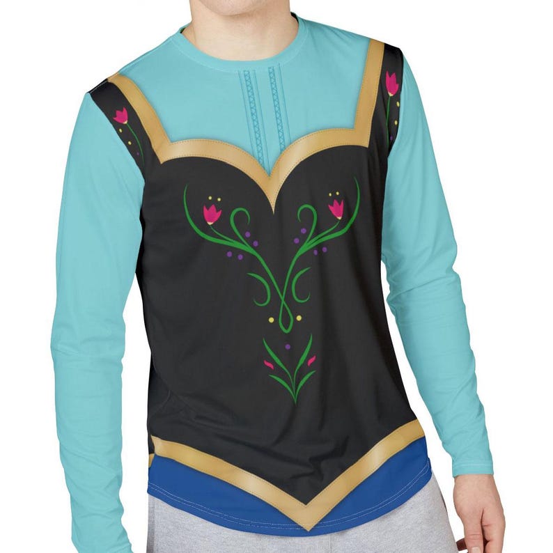 May include: A long-sleeve shirt featuring a light blue bodice and sleeves with a black vest-like overlay. The black section is decorated with green floral scrollwork, pink tulip-like flowers, and gold trim along the neckline and hem.