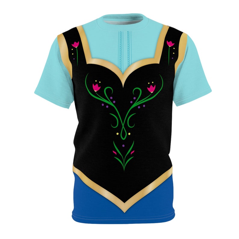 May include: A light blue t-shirt featuring a black bodice design with gold trim and floral accents. The design includes a blue skirt portion. The shirt is a costume-themed item.