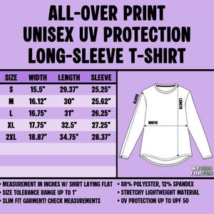 May include: A size chart for a long-sleeve t-shirt with UV protection. The chart lists sizes S to 2XL with width, length, and sleeve measurements in inches. It specifies 88% polyester and 12% spandex material, a slim fit, and UPF 50 protection.