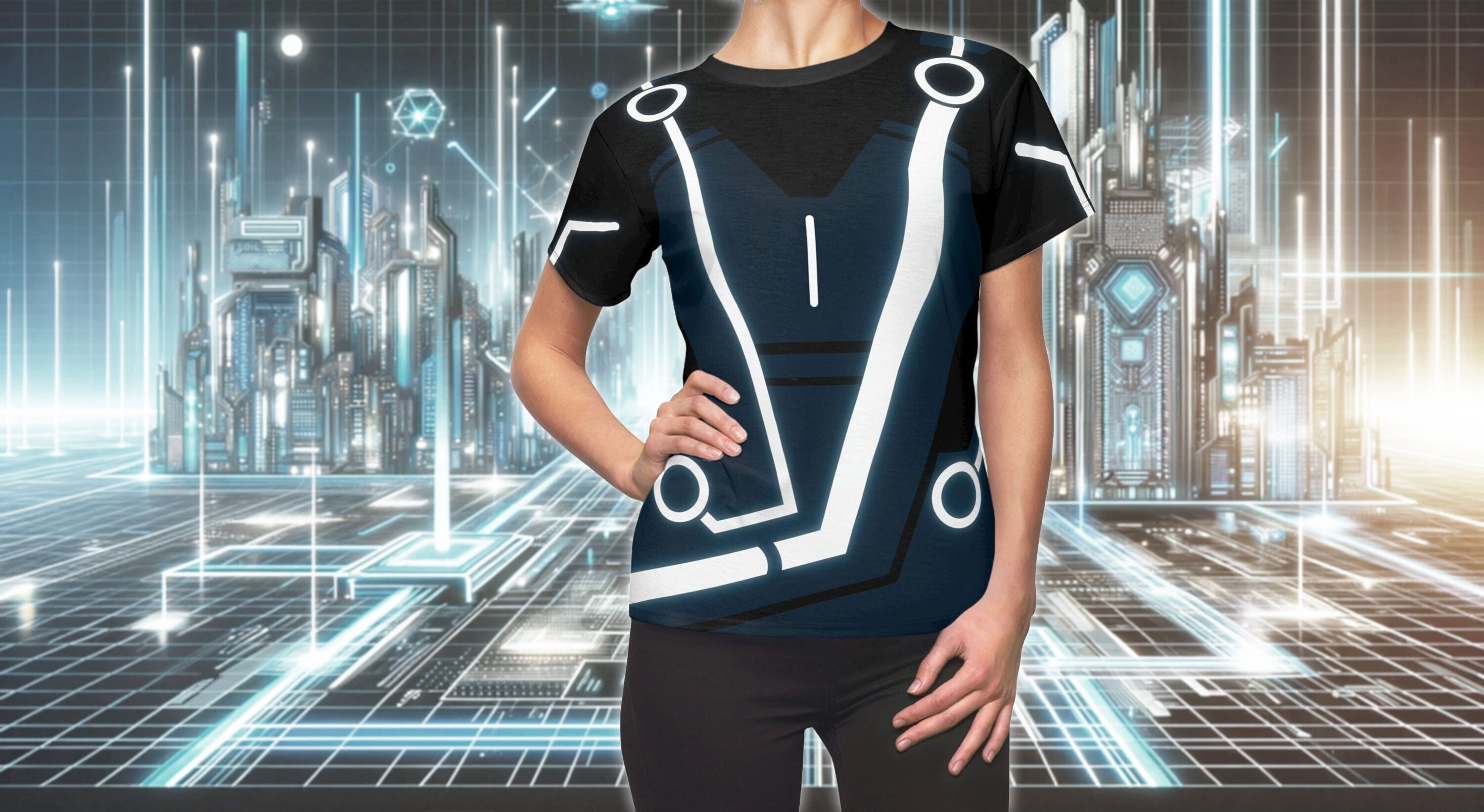 【2plan】23FW★ [MADE] Lauren Button Over T-Shirt Quorra Tron Legacy Inspired All-over Print Costume
