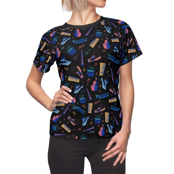Soul Inspired Music Icons Pattern All-Over Print Women's Lightweight Costume T-Shirt (Black Background)