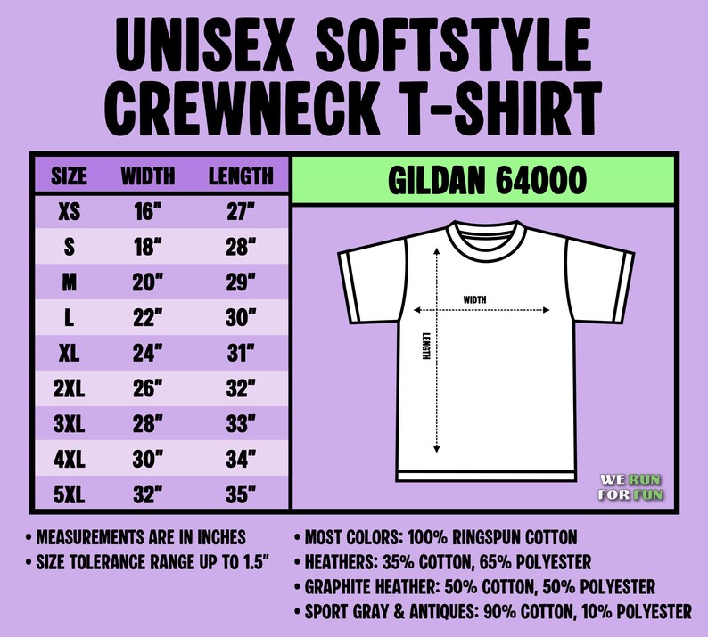 Puede incluir: Una tabla de tallas para camiseta unisex Gildan 64000 de cuello redondo, con un dibujo lineal en blanco y negro de una camiseta. La tabla muestra las tallas de XS a 5XL con medidas de ancho y largo en pulgadas. Texto sobre composiciones de tela.