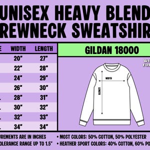 Puede incluir: Una tabla de tallas para la sudadera unisex de cuello redondo Gildan 18000. La tabla enumera las tallas de la S a la 5XL con sus anchos y largos correspondientes en pulgadas. Un dibujo lineal muestra d&oacute;nde se miden el ancho y el largo.