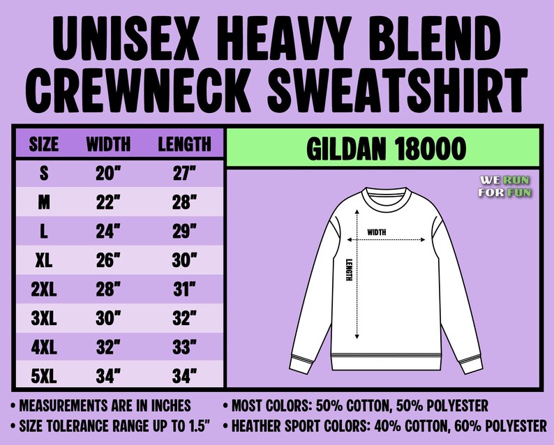 Puede incluir: Una tabla de tallas para la sudadera unisex de cuello redondo Gildan 18000. La tabla enumera las tallas de la S a la 5XL con sus anchos y largos correspondientes en pulgadas. Un dibujo lineal muestra d&oacute;nde se miden el ancho y el largo.
