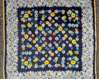 Sciarpa vintage per la testa o il collo in blu scuro, giallo e turchese con un grazioso disegno floreale