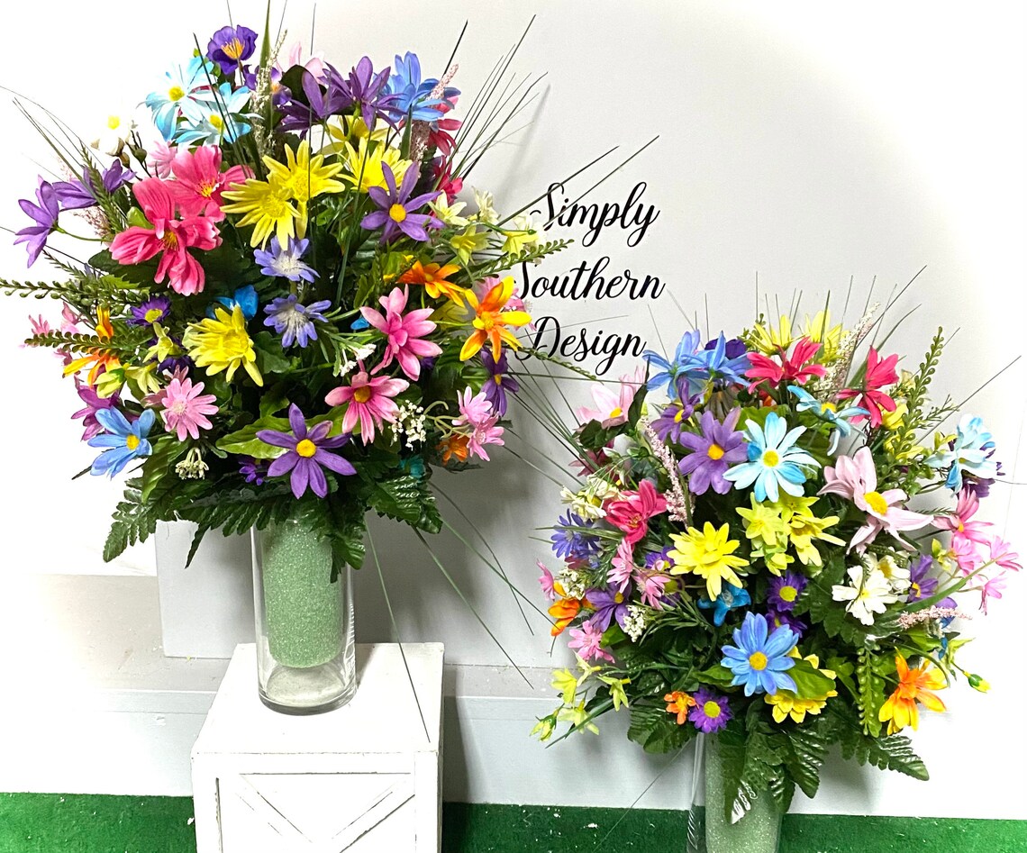 Cemetery Vase Flowers Large Full Easter Decorations Grave Etsy