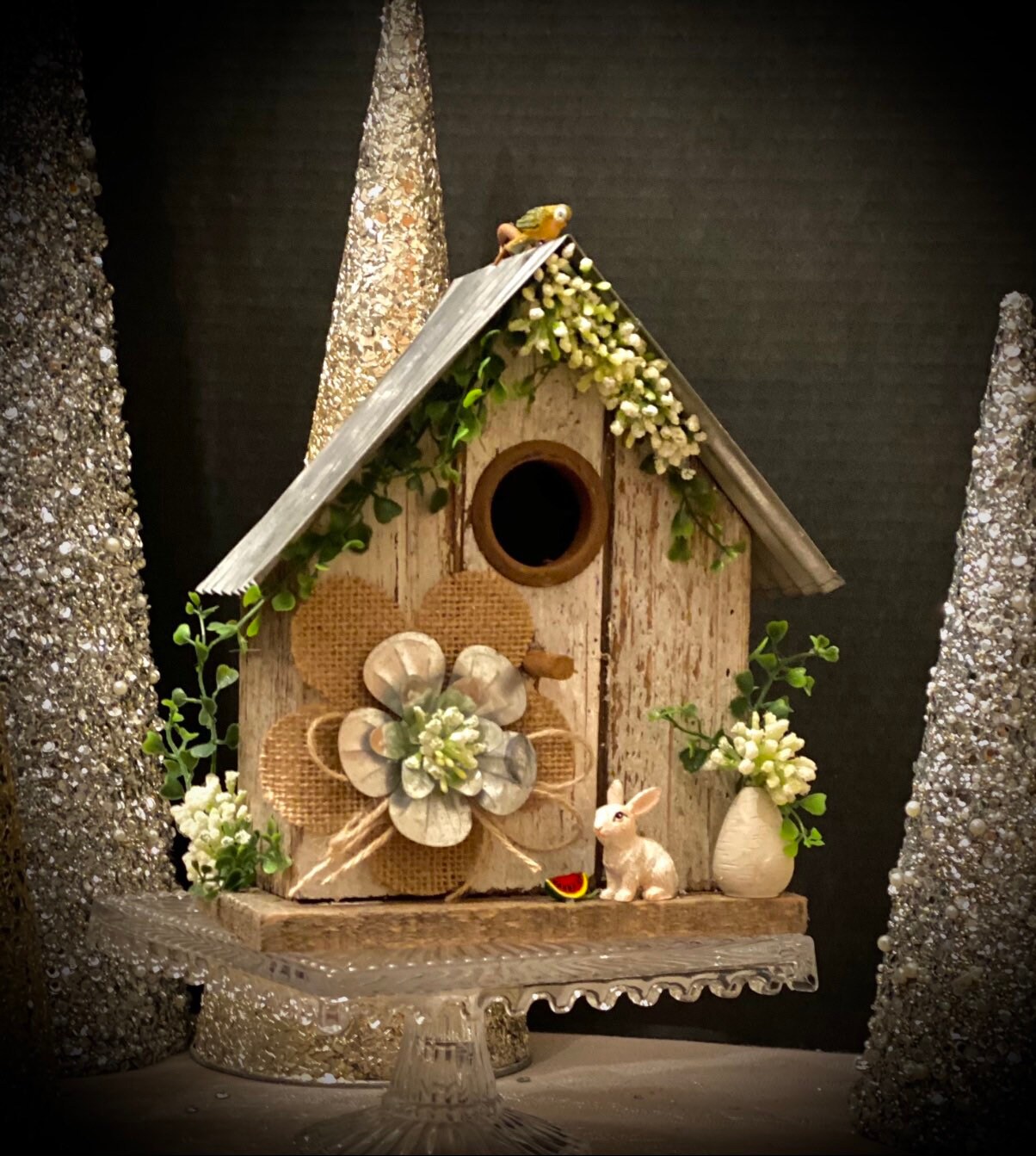 Birdhouse Old Country Cabin White Rustic Tin Garden Bunny Rabbit Porch Decorations Decor Outdoor Outside Spring Summer Flowers Nature Garden