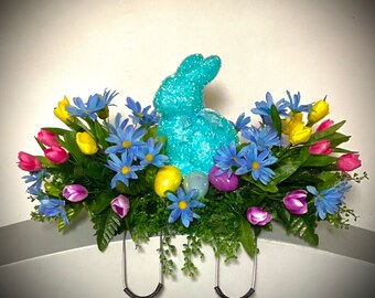 Blue White Or Pink Cemetery Saddle Headstone Flowers Easter Bunny Rabbit Arrangement Grave Decorations Tombstone