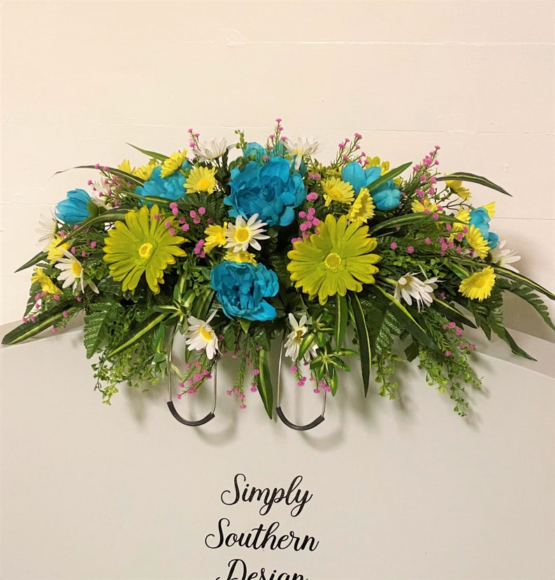 Saddle Headstone Arrangement Flowers Cemetery Headstone Etsy