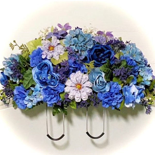 Handmade Blue Silk Flower Headstone Saddle: Cemetery Memorial Arrangement (28"x18"x15"H)