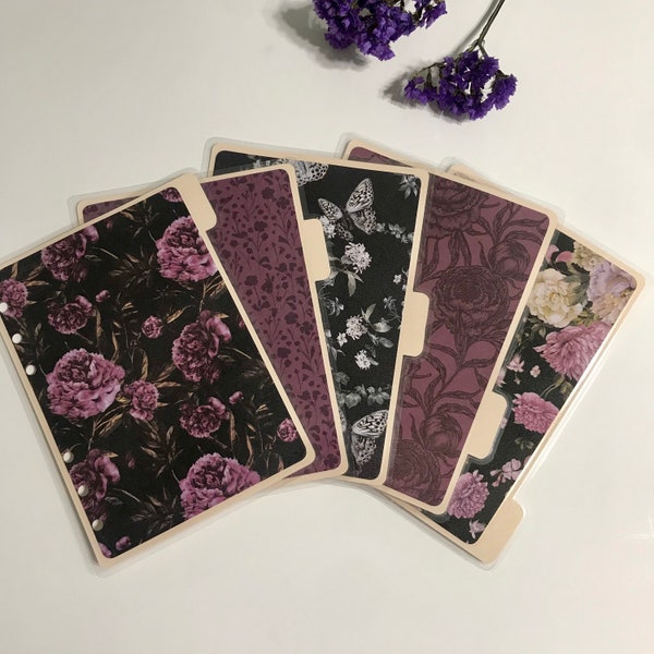 Planner dividers | purple florals | laminated | 5 tabs | personal | personal wide | pocket | A5 | A6 |
