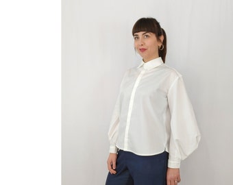 White cotton shirt, woman shirt, wide sleeve shirt, collar shirt, round hem shirt