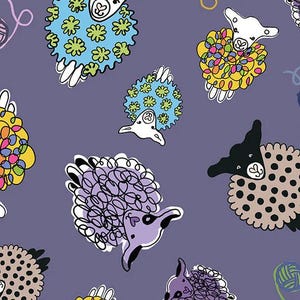 May include: A whimsical pattern featuring cartoon sheep with colorful woolly coats and white faces, set against a muted purple background. The sheep have various designs, including floral and polka dot patterns. Yarn balls and knitting needles are also scattered throughout the design.