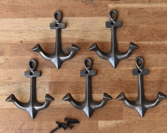 Five lovely vintage style cast iron ships anchor coathooks coat hook hanger nautical