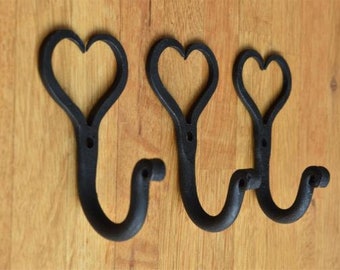 Three small wrought iron Shaker heart hooks folk art wall hanger hook GHH1