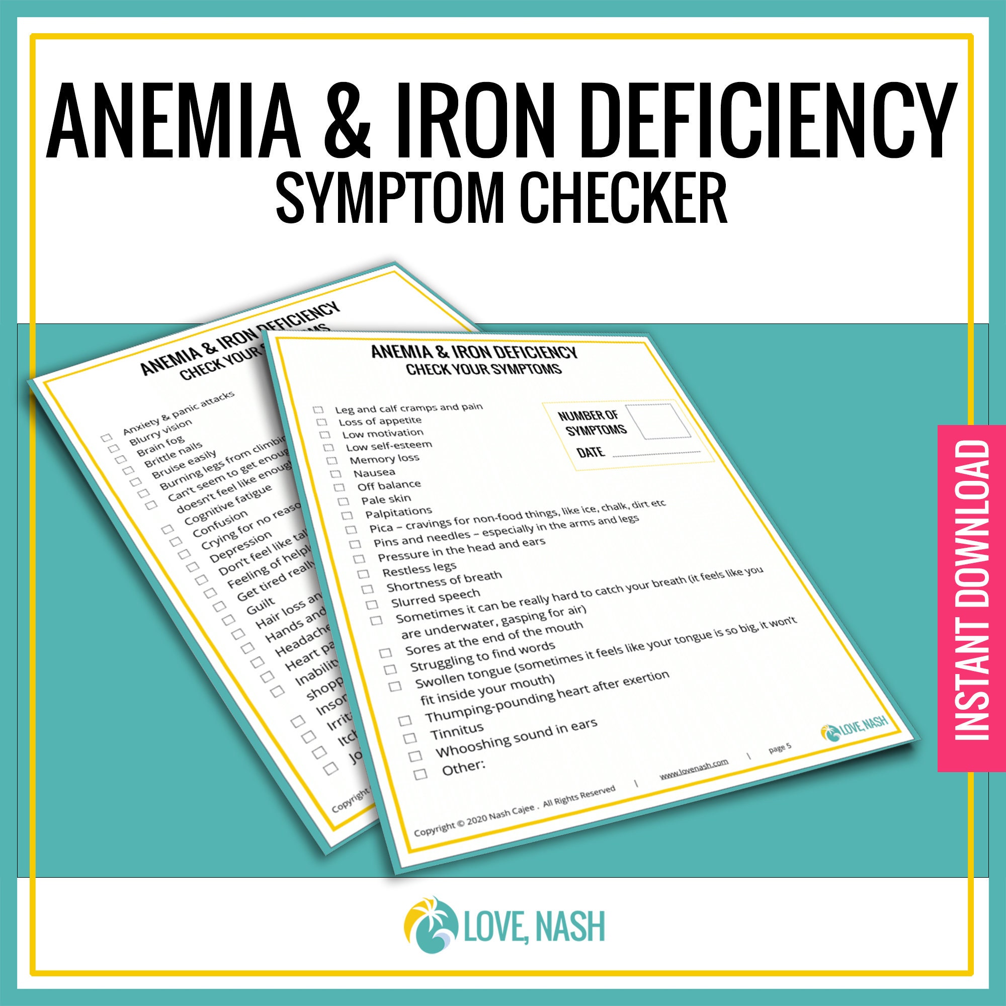 Anemia & Iron Deficiency Symptom Checker, Instant PDF Download, Printable,  US Letter Size 