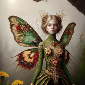 May include: A fairy with green wings and a green dress adorned with flowers and gold accents. The fairy has blonde hair and blue eyes. The background is a blurred forest scene.
