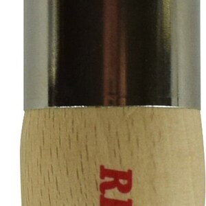 May include: A close-up of a brown angled paint brush with a silver metal band and a wooden handle. The handle is labeled "Dixie Belle" in red lettering. Made in USA is also printed on the handle.