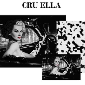May include: Black and white photo of a woman with red lips driving a car. The background is a city at night. The image is titled "CRUELLA".