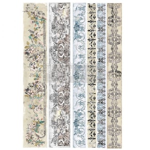 May include: Five decorative paper strips with vintage-inspired designs. The strips feature intricate floral patterns, ornate borders, and a faded, distressed look. The colors are primarily blue, gray, and beige.
