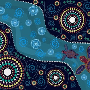 May include: Abstract art painting with a blue and black background. The painting features two stylized sea turtles swimming in a blue river. The river is surrounded by colorful dots and circles.