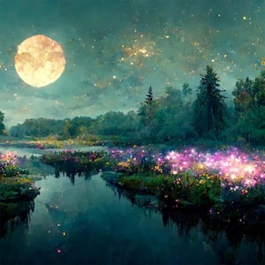 May include: An ethereal landscape painting featuring a large, glowing moon in a night sky filled with stars. A dark lake reflects the moon and the illuminated flowers along the shore. The scene is dominated by shades of blue, green, and purple.