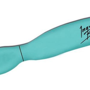May include: A turquoise blue craft knife with a black handle and a silver blade. The knife has the signature "Ingvil Bolme" on the handle.