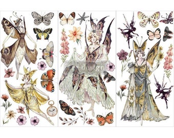 May include: Three fairy illustrations with butterfly wings, each wearing a dress with floral and butterfly accents. The fairies are surrounded by butterflies, flowers, and leaves.