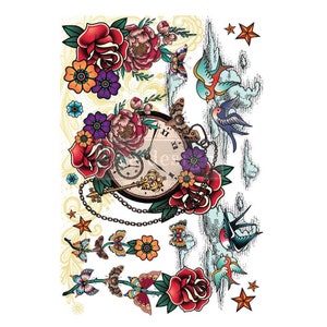 May include: A vintage-style tattoo design featuring a pocket watch with a key, roses, butterflies, and swallows. The design is in a traditional tattoo style with bold lines and bright colors.