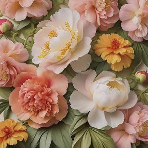 May include: A vibrant floral arrangement featuring a variety of blooms in shades of pink, peach, yellow, and white. The flowers, including peonies, are surrounded by green leaves, creating a lush and colorful display. The image is a close-up, showcasing the intricate details of the petals.