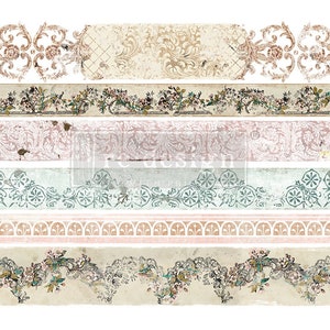 May include: A set of six vintage-style decorative borders with floral and geometric patterns in shades of brown, pink, green, and white. The borders are distressed and have a faded look, giving them a vintage feel.