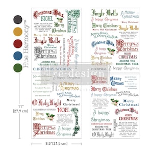 May include: A set of Christmas-themed rub-on transfer sheets featuring various holiday phrases, scripture, and holly illustrations in red, green, blue, and gold. The sheets measure 11 inches by 8.5 inches and include the text Hue Harmony.