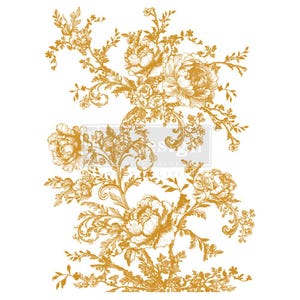 May include: A detailed, golden floral design on a white background. The image features large peony blooms, delicate leaves, and swirling vines. The design is ornate and elegant, suitable for decorative applications.
