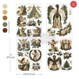 May include: A sheet of decorative angel and Christmas-themed transfers. The transfers feature angels, Christmas trees, floral arrangements, and stars in shades of gold, cream, and green. The sheet measures 11 inches (27.9 cm) by 8.5 inches (21.5 cm).