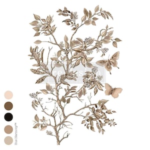 May include: A detailed botanical design featuring a tree branch with leaves and small flowers in shades of brown and gold. Two butterflies are also included in the design. The design is set against a white background.