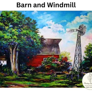 May include: A painting of a red barn with a white trim and a windmill in the background. The barn is surrounded by green grass and trees. The sky is blue with white clouds. The painting is titled "Barn and Windmill".