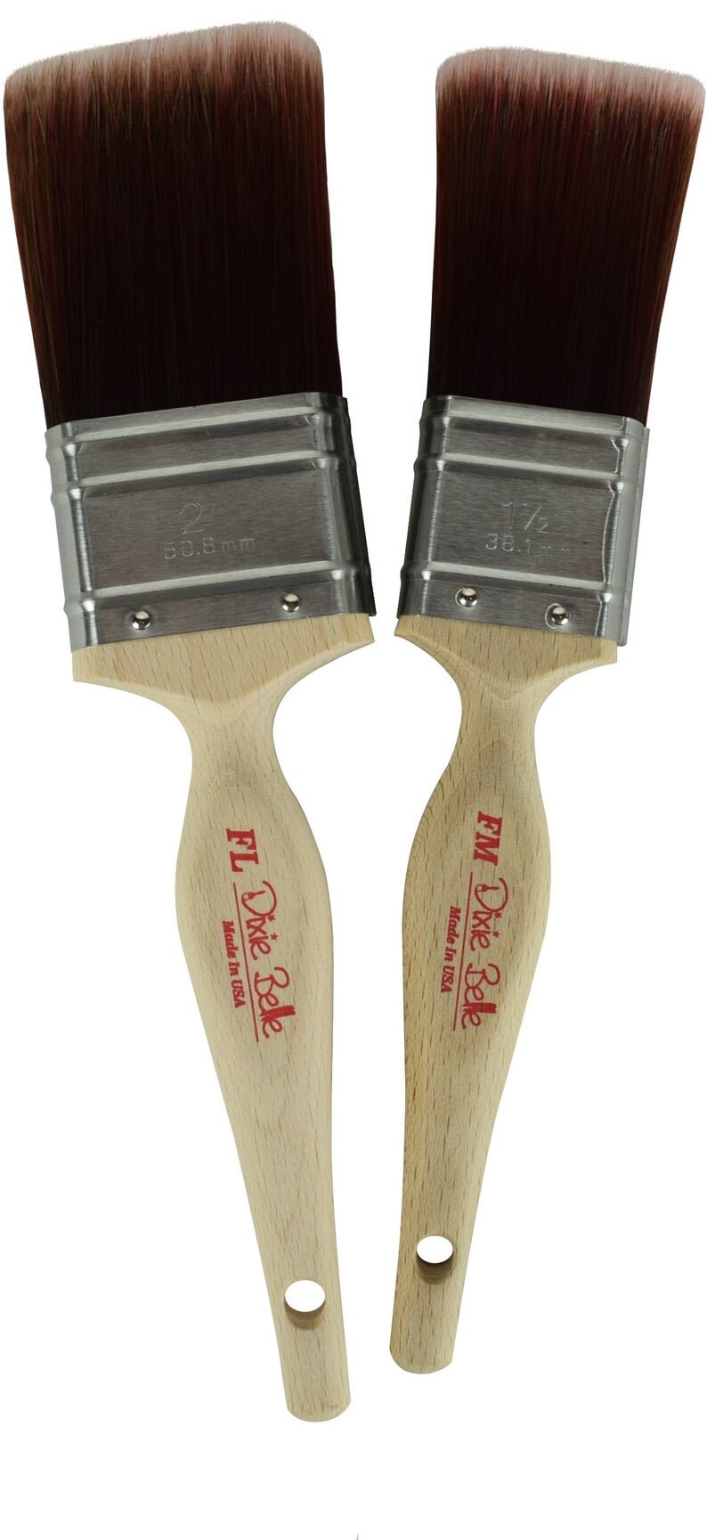 May include: Two wooden-handled paint brushes with silver ferrules. The brush on the left is 2 inches wide and the brush on the right is 1 1/2 inches wide. Both brushes are labeled "FM Dixie Belle Made in USA."