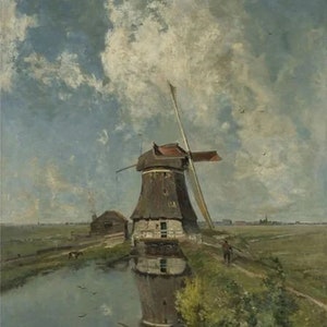 May include: A painting of a windmill in a rural landscape. The windmill is brown and has a white base. It is reflected in a still body of water. The sky is blue with white clouds.