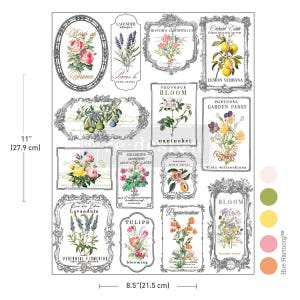May include: A sheet of decorative floral transfers with various botanical illustrations, including roses, lavender, and lemons. The sheet measures 8.5 inches (21.5 cm) wide and 11 inches (27.9 cm) tall, featuring text in French and English.